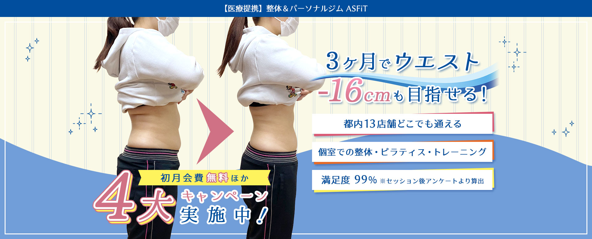 3ヶ月でウエスト-16cmも目指せる!<都内13店舗どこでも通える><個室での整体&トレーニング><姿勢改善&脂肪燃焼で痩せ体質に>【初回体験無料ほか】4大キャンペーン実施中!